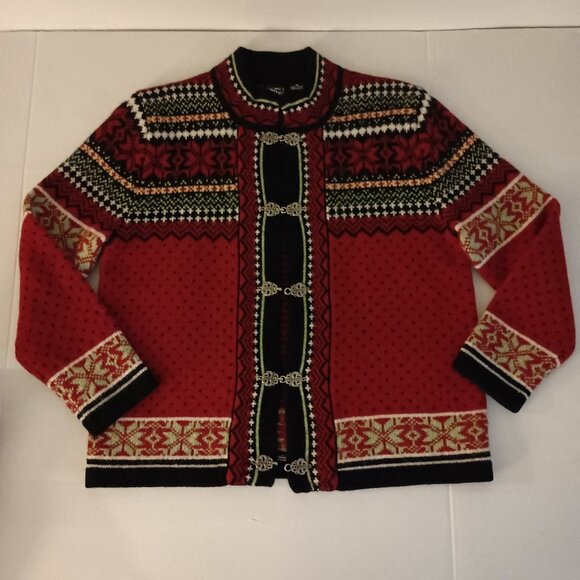 Skyr Red Wool Fair Isle Cardigan Sweater w/ Ornate Metal Clasps Women's Medium - Picture 15 of 15